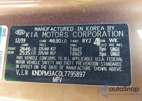 2020 Kia Sportage Lx z USA, uszkodzony, nr VIN KNDPM3AC0L7795897